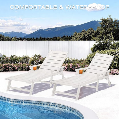 Pool Lounge Chairs Set of 2, 6.3ft Full-Length Patio Pool Lounge Chairs,5-Position Adjustable Backrest (Flat Recline), Flip-Down Side Tray,HIPS All-Weather for Poolside, Deck,Backyard, Beach