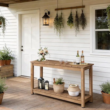 Stoog All-Weather Patio Console Table, 2-Tier Outdoor Table with Adjustable Feet, Never Fade or Rot, for Backyard, Deck, Entryway, and Garden, Teak