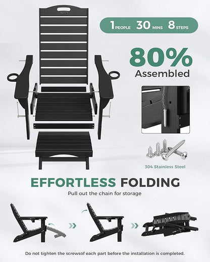 Folding Adirondack Chair with Retractable Ottoman Weather Resistant Fire Pit Chair Patio Chair with 2 Cup Holder Lawn Outdoor Lounge Chair (Black)