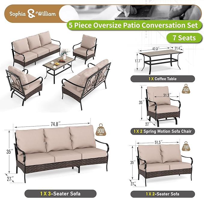 Sophia & William Patio Furniture Set, Outdoor Metal Conversation Set 7 Seats with 3-Seater Sofa, 2 Motion Chairs - Photo 7