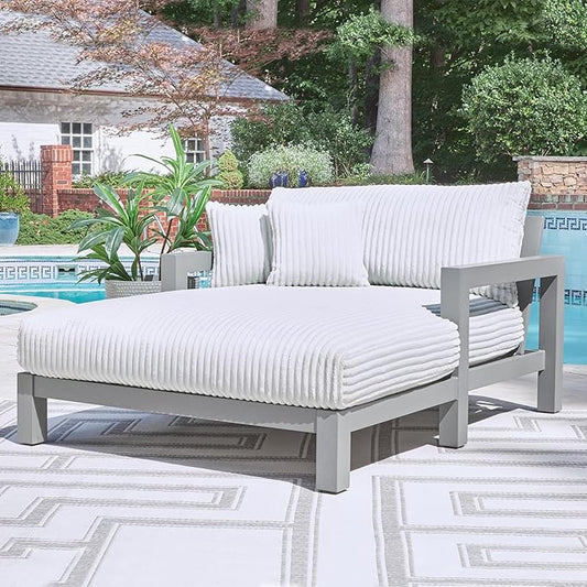 Signature Design by Ashley Moonlight View Contemporary Nuvella Weather Resistant Fabric Outdoor Chaise Lounge with Zippered Removable Cushions and Throw Pillows, Light Gray & Beige