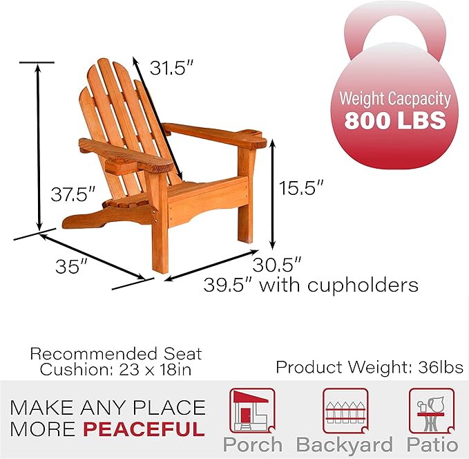 Amish Casual Heavy Duty Adirondack Chair with Cup Holders in Cedar Stain - Authentic Amish Craftmanship from Treated Pine, Outdoor Chair Made in The USA, 800 Lb Weight Capacity