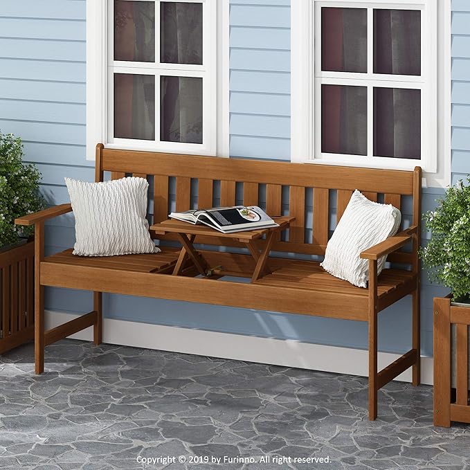 Furinno TIOMAN Outdoor Bench, Occasional Garden Bench with Back, for Patio, Garden, Porch, 22 x 59 x 56, Natural