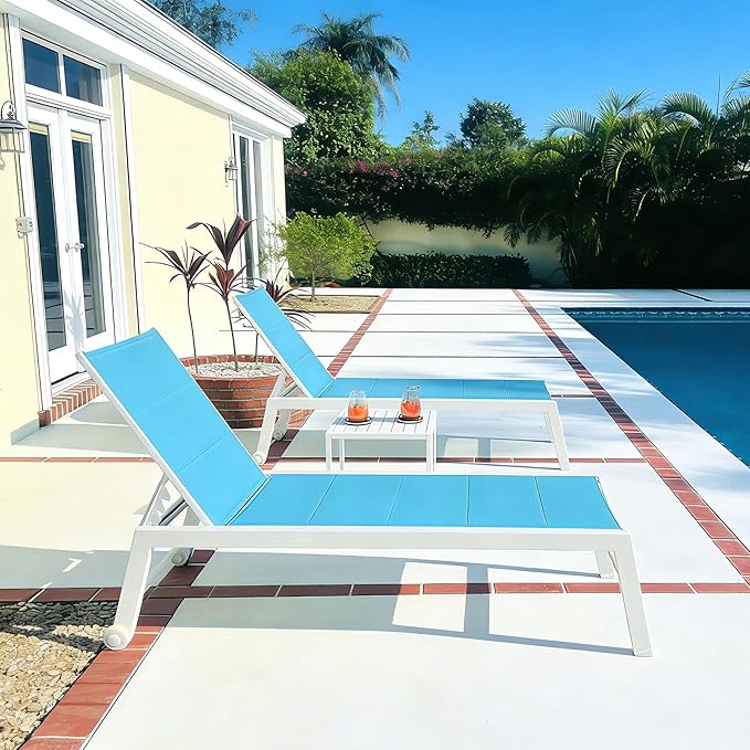 PURPLE LEAF Outdoor Chaise Lounge Set Adjustable Sunbathing Recliner with Side Table for Beach Poolside Patio Outside Aluminum Chaise Lounger Turquoise Blue