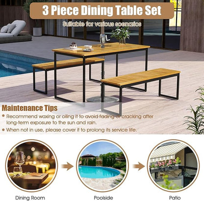 HAPPYGRILL Acacia Wood Patio Dining Bench with U-Shaped Metal Legs, Adjustable Foot Pads, 800 LBS Bistro Bench for Dining Room, Garden, Poolside