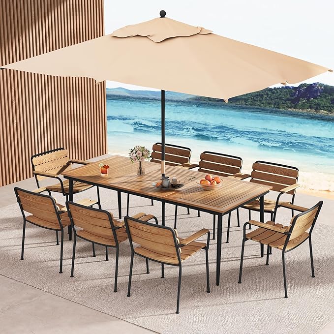 Tangkula 79" Acacia Wood Outdoor Dining Table for 8, Large Rectangular Patio Table with 1.9" Umbrella Hole, Metal Frame & Foot Pads, 8-Person Outside Table for Garden, Poolside & Backyard