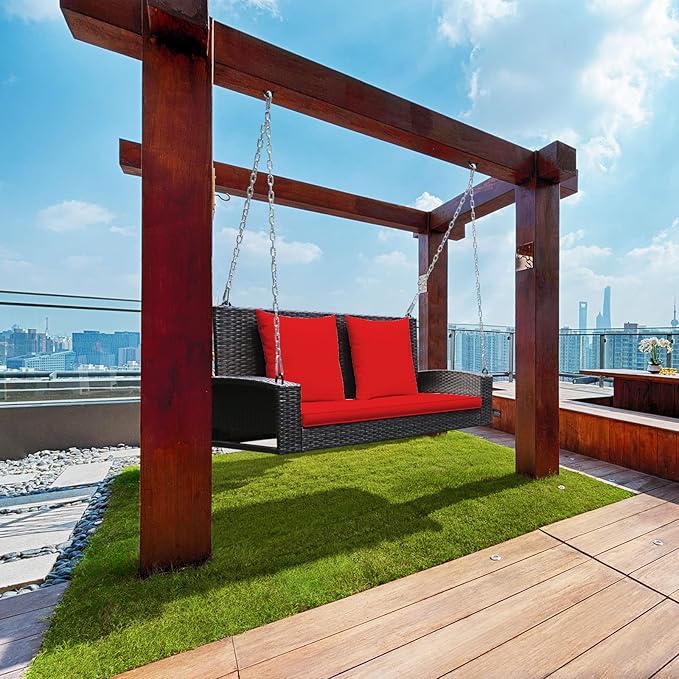 Tangkula 2-Person Wicker Porch Swing, Patiojoy Outdoor Rattan Hanging Swing Bench W/ 2 Back Cushions & 1 Seat Cushion - Photo 4
