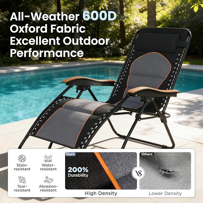 PHI VILLA XXL Oversized Padded Zero Gravity Chair, Foldable Patio Recliner, 30" Wide Seat Anti Gravity Lounger with Cup Holder, Support 400 LBS (Black & Orange Accents)