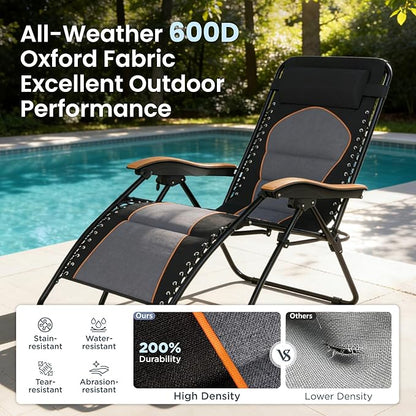 PHI VILLA XXL Oversized Padded Zero Gravity Chair, Foldable Patio Recliner, 30" Wide Seat Anti Gravity Lounger with Cup Holder, Support 400 LBS (Black & Orange Accents)