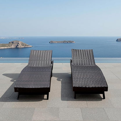 Outdoor Rattan Adjustable Back 2 Pieces Recliners, Patio Chaise Lounge Set of 2 Foldable Chairs, Patio Wicker Folding Chaise Lounges