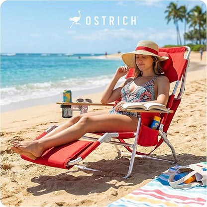 Ostrich the Deluxe 3N1 Lightweight Lawn Beach Reclining Lounge Chair with Footrest, Outdoor Furniture for Patio, Balcony, Backyard, or Porch, Red