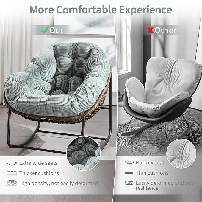 HOMEFUN Outdoor Patio Rocking Chairs Set of 2, Oversized Papasan Rock Chair Indoor with Striped Velvet Padded Cushion - Rocker Egg Seat for Front Porch, Garden, Patio, Backyard Green