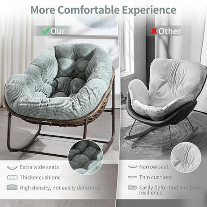 HOMEFUN Outdoor Patio Rocking Chairs Set of 2, Oversized Papasan Rock Chair Indoor with Striped Velvet Padded Cushion - Rocker Egg Seat for Front Porch, Garden, Patio, Backyard Green