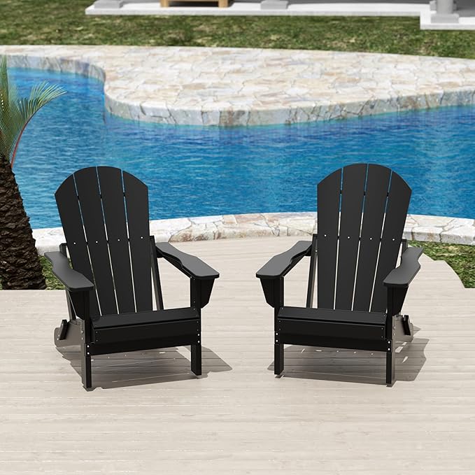 Costaelm Folding Patio Chairs Set of 2, Hdpe Adirondack Chairs Front Porch Furniture Outdoor Seating, All Weather Tanning Chair for Backyard Firepit Garden Lawn, Black