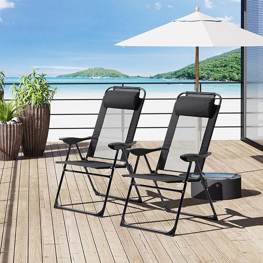Outsunny Folding Patio Dining Chairs Set of 2, Outdoor Deck Chair with Adjustable Sling Back, Camping Chair with Removable Headrest for Garden, Backyard, Lawn, Black