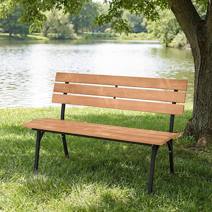 HAPPYGRILL Outdoor Acacia Wood Bench, 2-Person Park Bench with Metal Frame, Slatted Seat and Backrest, Patio Loveseat for Front Porch, Backyard, Garden