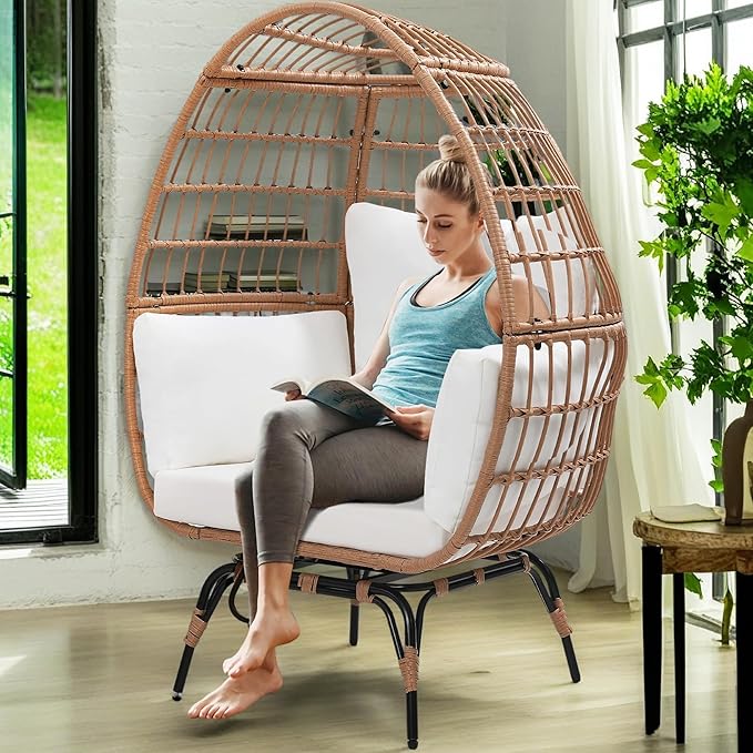 Oversized 360° Swivel Rattan Egg Chair for Adult, Indoor Outdoor Patio Large Wicker Egg Chair with Overstuffed Cushions, 440lb Weight Capacity, Natural Rattan with Beige Cushion