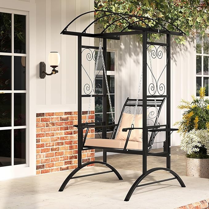 Tangkula Porch Swing with Stand, Outdoor Patio Swing with Heavy-Duty Metal Frame, Arch Trellis, Removable Cushions, Side Tables, Armrests for Garden, Balcony, Backyard and Poolside