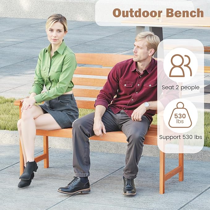 Tangkula Wooden Garden Bench, 2-Person Patio Loveseat with Slatted Backrest and Comfortable Armrests, Outdoor Bench for Porch, Backyard and Park, 530 lbs Weight Capacity