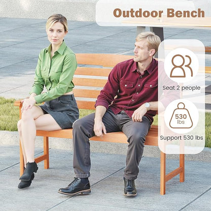 Tangkula Wooden Garden Bench, 2-Person Patio Loveseat with Slatted Backrest and Comfortable Armrests, Outdoor Bench for Porch, Backyard and Park, 530 lbs Weight Capacity