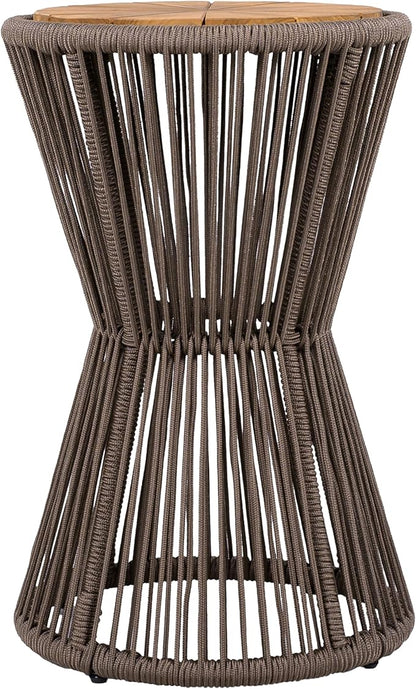 Merax 2 Pieces Round Outdoor Side Table Set, Bohemian Patio Side Tables with Acacia Wood Top and Dark Grey Handwoven Rope Base for Garden, Yard, Elegant Hourglass Design, No Assembly, 25.8" Height