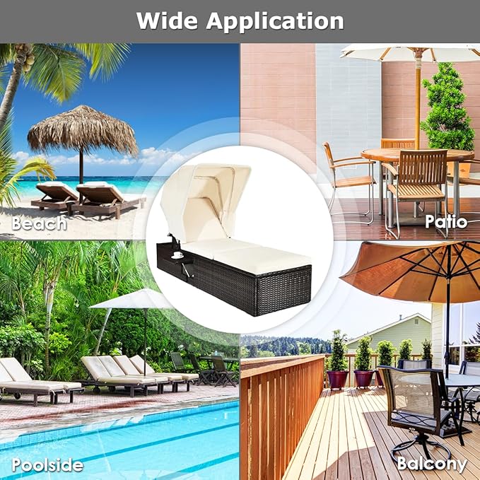 COSTWAY Patio Rattan Lounge Chair Chaise Cushioned Top Canopy Adjustable W/Tea Table - Photo 5