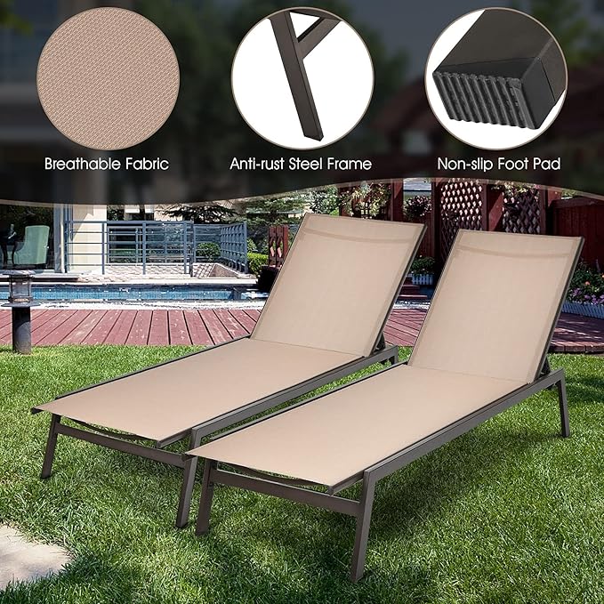 Giantex Chaise Lounge Chair Patio Chaise Lounger with 6-Position Adjustable Backrest and Breathable Fabric - Photo 7