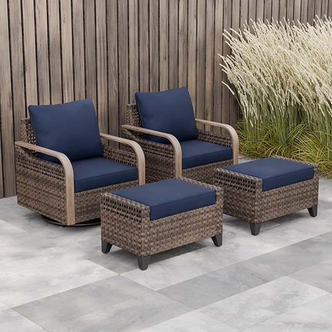 Modern Wicker Outdoor Swivel Rocking Chairs, Rattan Glider Rocker Patio Furniture for Backyard, Deck, Porch, Garden, 2 Chairs 2 Ottomans, Brown/Blue