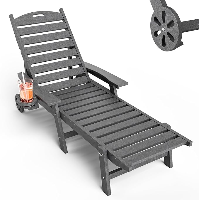 Pamapic 1 PC 500 LBS Lounge Chair, Wide Armrest Oversized Chaise Lounge Chair with Wheel, All Weather HDPE 4 Positions Chaise Lounge with Cup Holder, Outdoor Lounge Chairs for Poolsdie, Patio, Grey