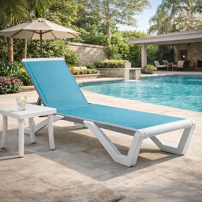 Kozyard Outdoor Chaise Lounge Chair, Full Flat Adjustable Patio Lounger with Aluminum Frame & Resin Legs, Textilene Fabric for Poolside, Backyard & Beach (Aqua/WhiteFrame, Chair + Table)