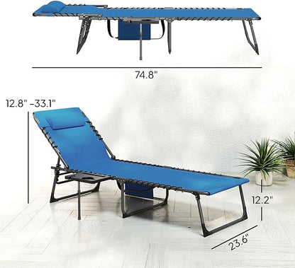 Outsunny Folding Chaise Lounge Chair Outdoor Tanning Chair with Side Table, 5-Level Adjustable Beach Lounge Chair with Headrest, Side Pocket for Patio, Backyard, Beach, Poolside, Blue