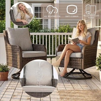 Loungewave Swivel PE Wicker Chair Set of 2, Outdoor High Back Swivel Patio Chairs, 360 Degree Outdoor Swivel Chair with Cushion, Patio Furniture for Porch Balcony Garden Poolside (Brown/Beige)