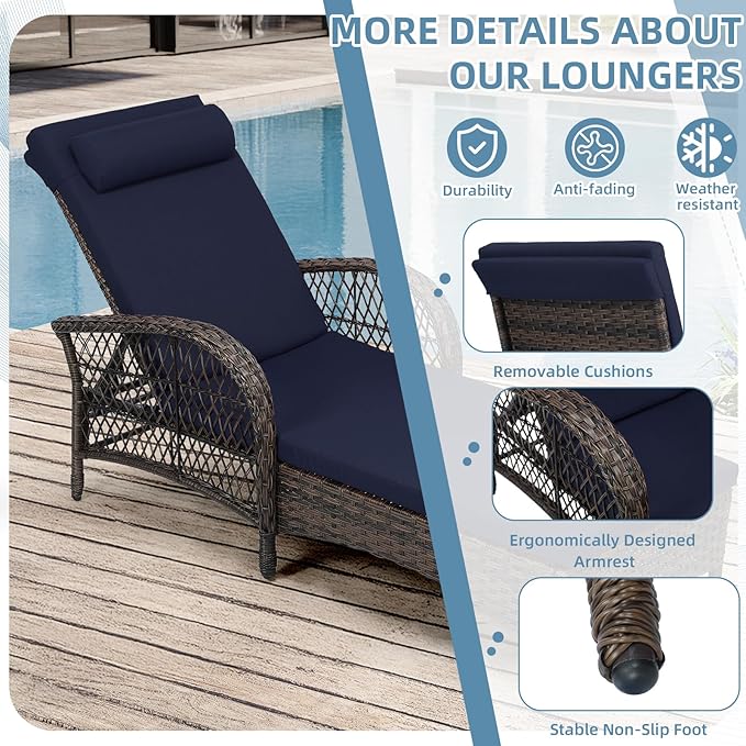 Outdoor Chaise Lounge Chair Set of 2, PE Wicker Recliner Patio Reclining Sunbathing Chair with Cushion - Photo 6