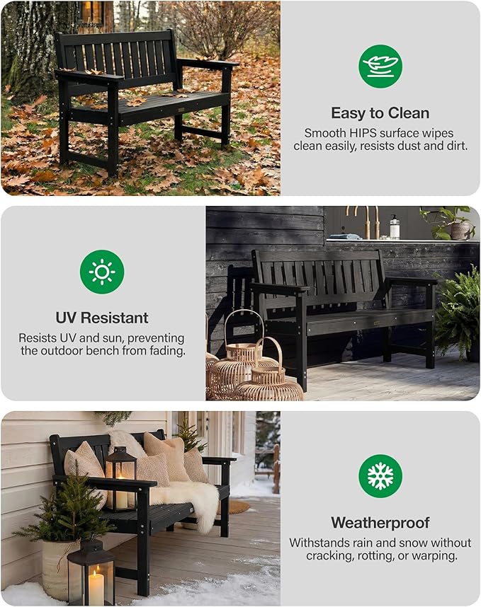 YEFU Outdoor Bench 2-Person Seat: HIPS Outdoor Benches Weatherproof - Comfortable & Heavy Duty Garden Bench for Indoor Outside Patio Front Porch Backyard Park, Black