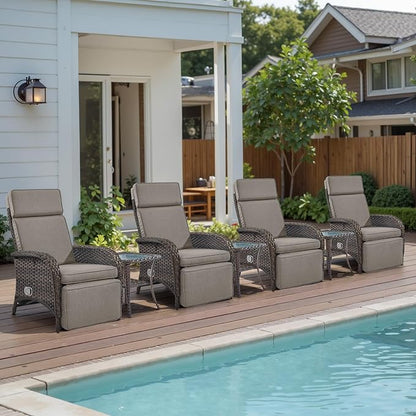 Belord 7 Piece Wicker Patio Furniture Set - 4 Adjustable Outdoor Recliner Chairs with 3 Side Table Patio Conversation Set,155° Lay Flat Chaise Lounge Chair Outdoor for Pool Deck Brown