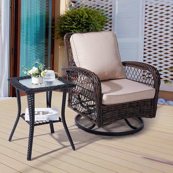 Outvita Outdoor Side Table, Patio Rattan Coffee Table Small End Table with Glass Tabletop and Storage Shelf for Patio Porch Backyard Balcony Living Room