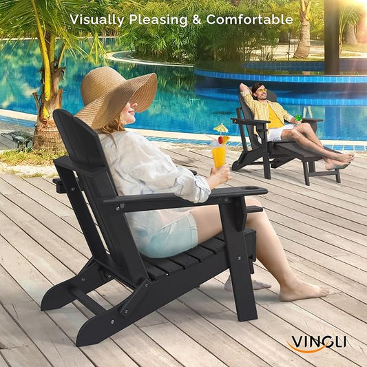 VINGLI Folding Adirondack Chair Set of 2 with Ottoman, Waterproof Plastic HDPE Firepit Chair for Outside with Hidden Footrests, Foldable Ergonomics Seating for Patio Porch Yard Garden(Black)