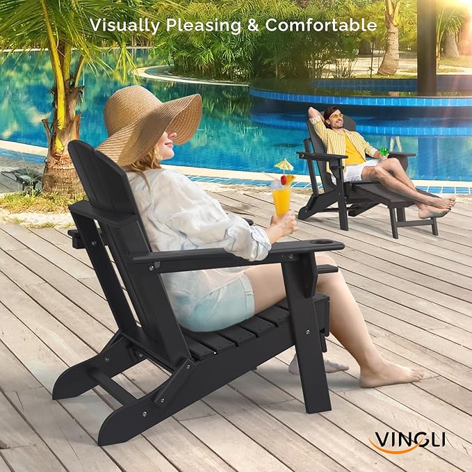 VINGLI Folding Adirondack Chair with Ottoman, Waterproof Plastic HDPE Firepit Chair for Outside with Hidden Footrests, Foldable Ergonomics Seating for Patio Porch Yard Garden(Black)