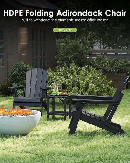 GREENVINES Folding-Adirondack-Chairs-Set-of-2 | HDPE Plastic | Fire Pit Chair | All Weather | Cup Holder | Black | for Deck Backyard Patio Outdoor Garden