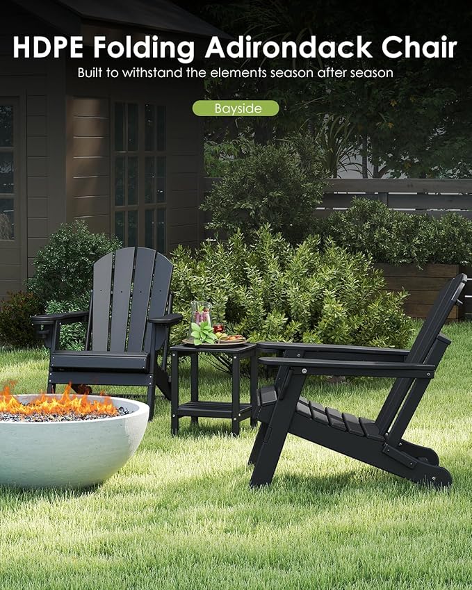 GREENVINES Folding-Adirondack-Chairs-Set-of-6 | HDPE Plastic | Fire Pit Chair | All Weather | Cup Holder | Black | for Deck Backyard Patio Outdoor Garden