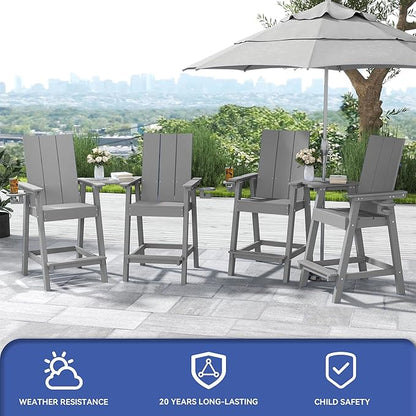 FOOWIN Tall Adirondack Chairs Set of 2,HDPE Adirondack Bar Stools with Connecting Tray & Cup Holders,Weather Resistant Balcony Chair for Outdoor Deck Lawn Pool Backyard Grey