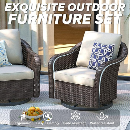 5 PCS Outdoor Conversation Set | 55" Couch, 2 Swivel Chairs, 2 Ottomans, Patio Wicker Conversation Furniture with Removable Cushions for Bistro, Deck, Sunroom (Beige)