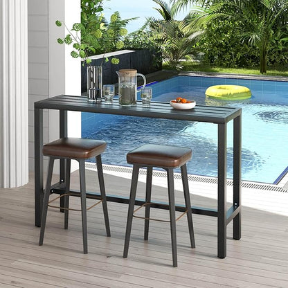 COSTWAY Outdoor Bar Table 55-inch Wide, Narrow Counter Height Dining Table with Waterproof Top and Heavy-Duty Metal Frame, Rectangular Pub Table for Garden Patio Backyard Poolside, Black