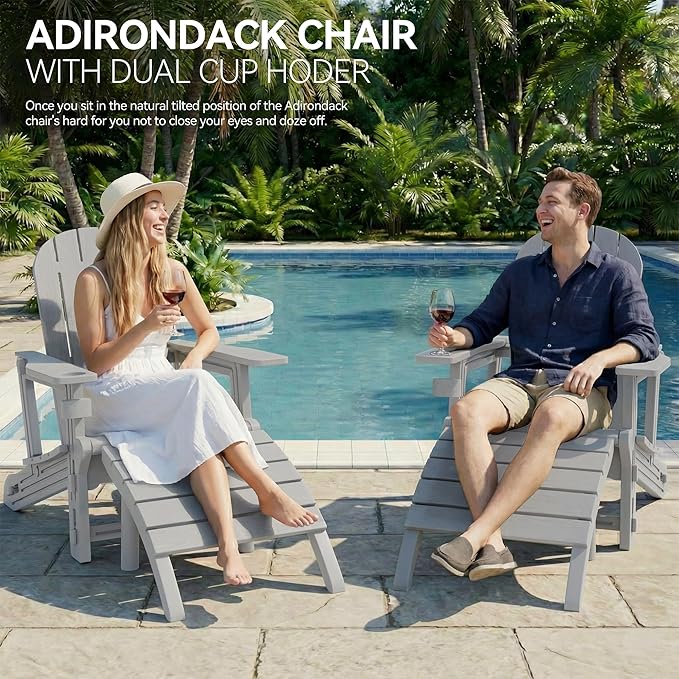 Vongrasig Adirondack Chairs Set of 2 with Removable Tabletop and Footrest, All-Weather HDPE Outdoor Chair Set with Wooden Textured, Cup Holder for Patio, Poolside, Deck, Garden, Light Grey