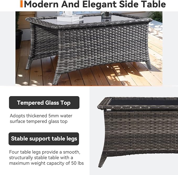 Outdoor Coffee Table - Patio Rattan Wicker Coffee Table with Tempered Glass Top Outdoor Table for Deck Porch Balcony Garden - Grey