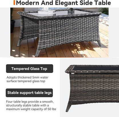 Outdoor Coffee Table - Patio Rattan Wicker Coffee Table with Tempered Glass Top Outdoor Table for Deck Porch Balcony Garden - Grey