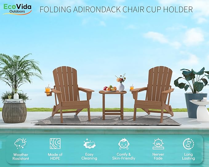3-Piece Folding Adirondack Chair Set - 38" Extra Tall Back & Embossed Wood Grain - Photo 3