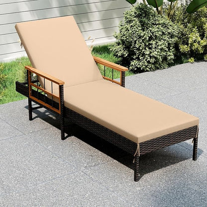 Tangkula Lounge Chair Outdoor, Patio Rattan Chaise Lounge with 4-Level Adjustable Backrest & Acacia Wood Armrests, Wicker Sunbathing Reclining Lounger with Soft Cushions for Outside (Beige)