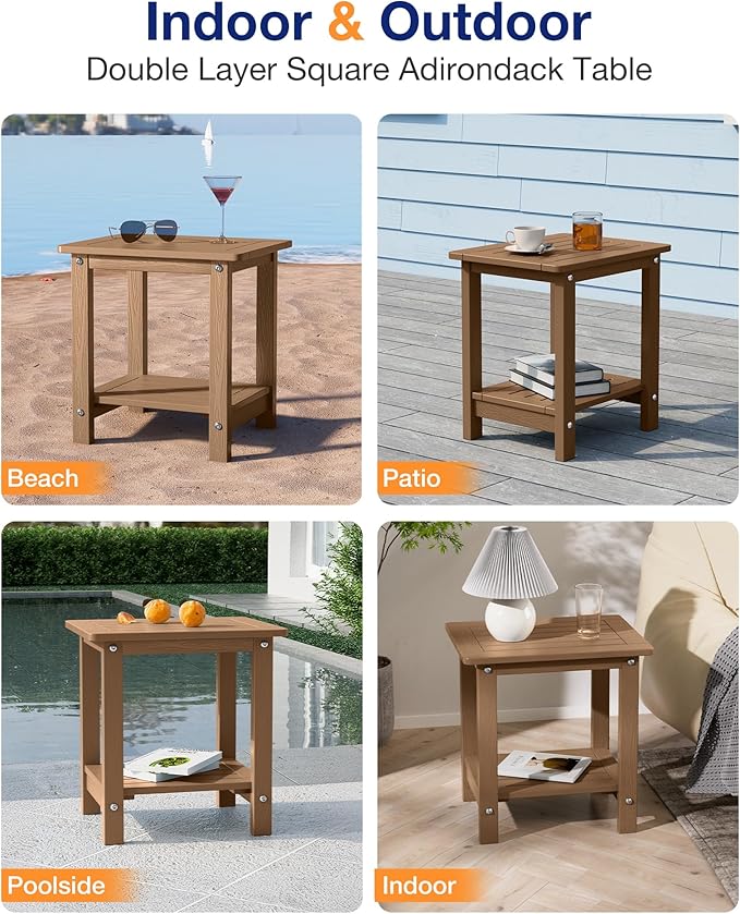 YEFU Outdoor Side Table for Patio: 16" HIPS Weather - Resistant Adirondack Tables - Waterproof Small Square End Tables for Backyard Pool Porch Balcony - Indoor Outdoor Double Layer Table Teak