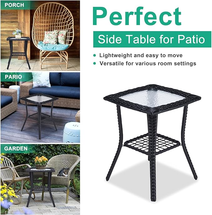 Outdoor Wicker Side Table, Rattan End Table with Glass Top, Patio Coffee Bistro Table for Indoor Garden Porch Balcony (Black)